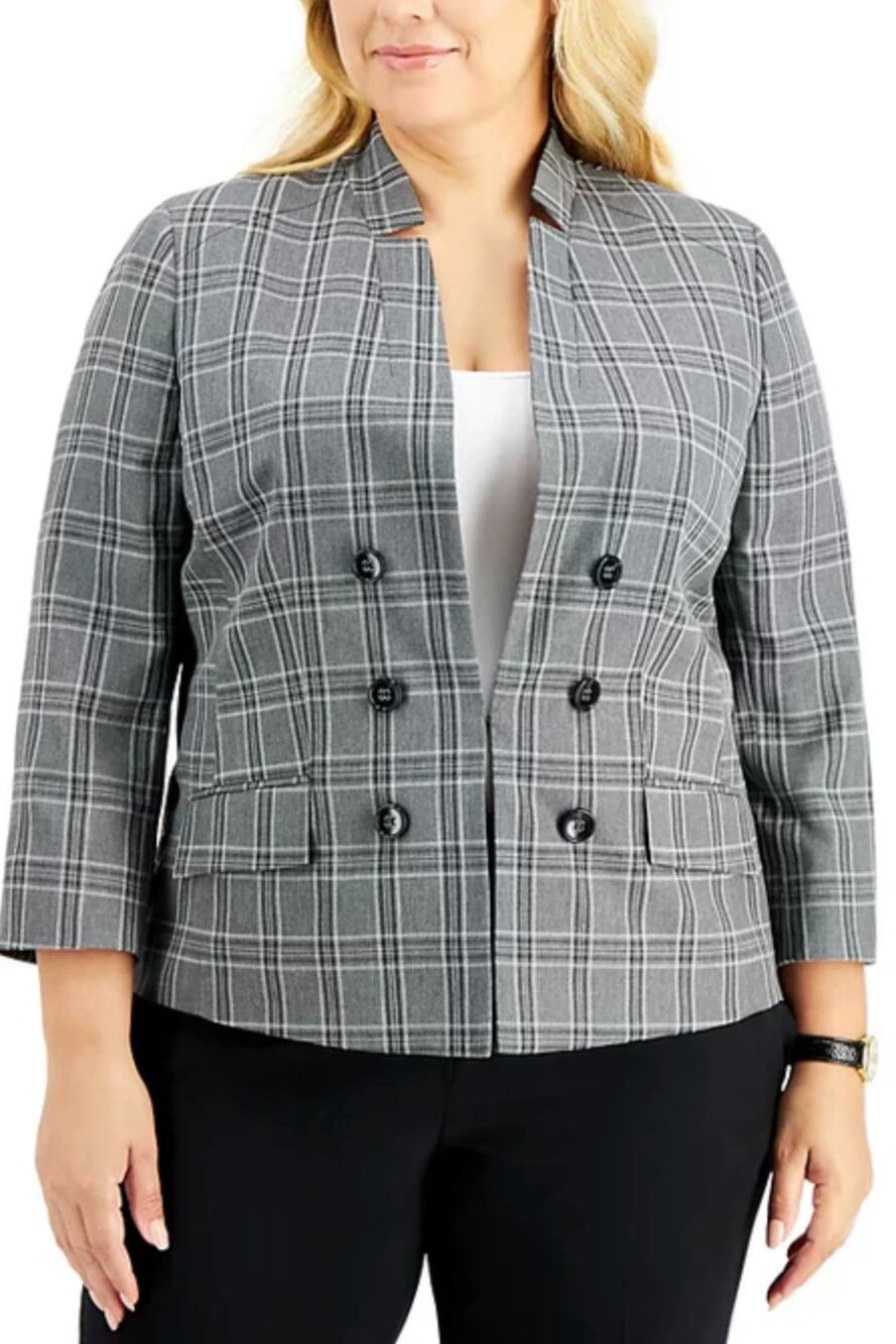LE SUIT Womens Windowpane Plaid Suit Jacket SIZE 16 Grey Black Button Blazer NWT